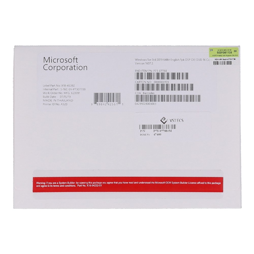  MICROSOFT WINDOWS SERVER STANDARD 2019 64-BIT ENGLISH 1PK DSP OEI DVD 16 CORE, P73-07788